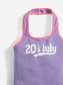 SHEIN Baby Girl Letter Graphic Contrast Binding Halter Bodysuit - Lilac Purple - View 3