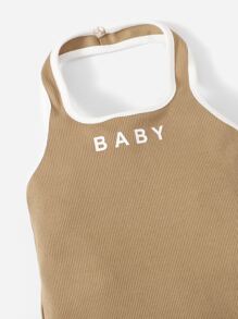 SHEIN Baby Girl Letter Graphic Contrast Binding Dress - Khaki - View 4