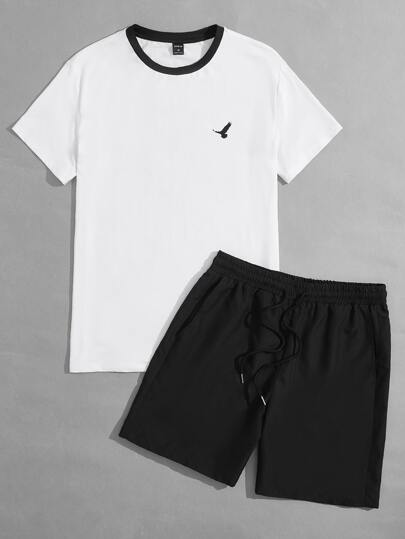 Guys Contrast Trim Graphic Print Tee & Drawstring Waist Shorts