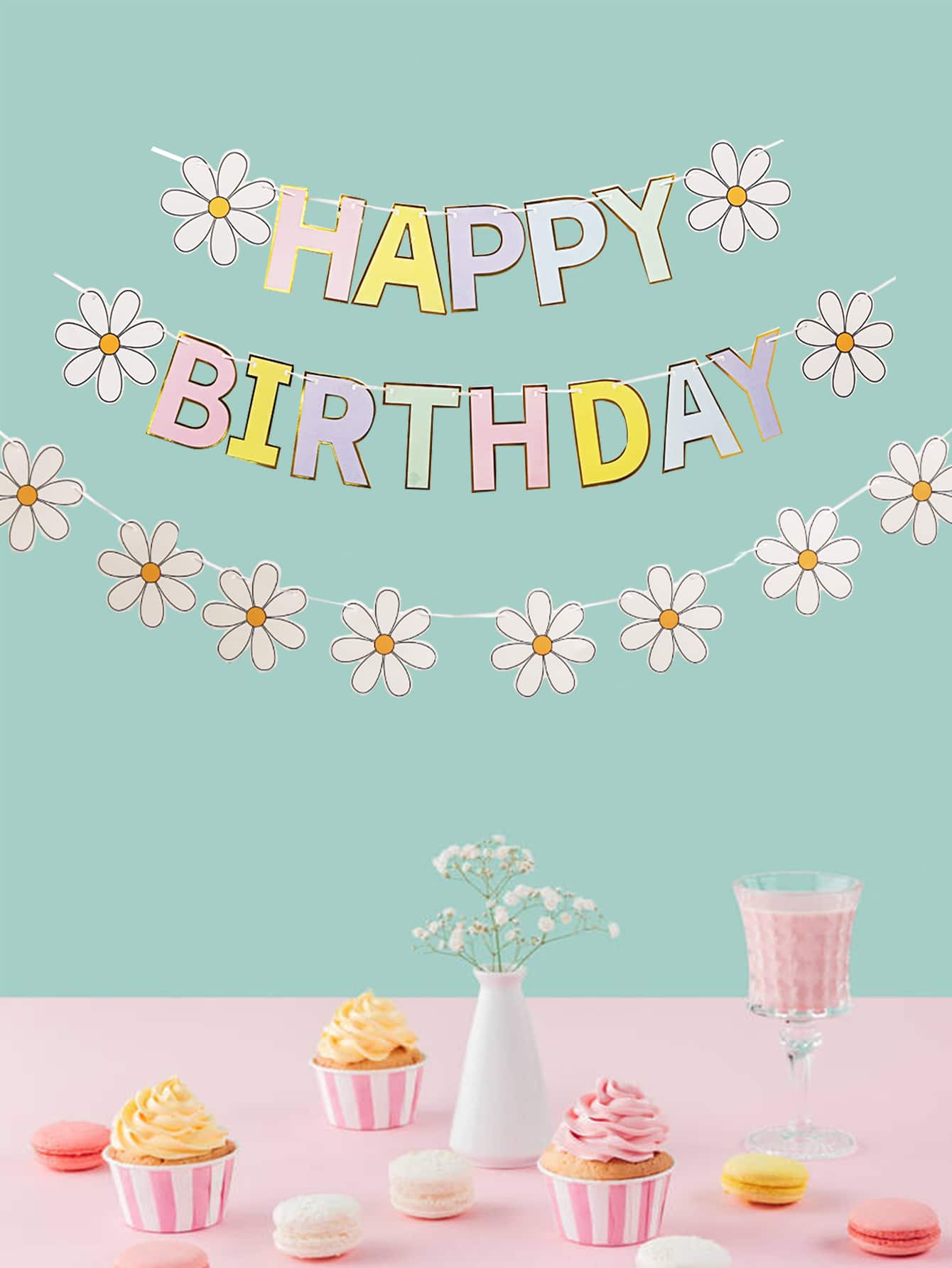 3入組花朵形狀生日派對拉旗 - 彩色 - 查看 1