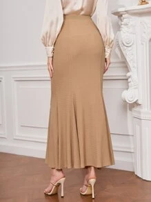 Modelyn High Waist Textured Fishtail Skirt - Khaki - View 2