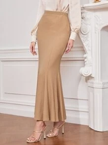 Modelyn High Waist Textured Fishtail Skirt - Khaki - View 3