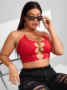 SHEIN SXY Top halter corto con abertura con diseño de cadena de espalda abierta - Rojo - Ver 1