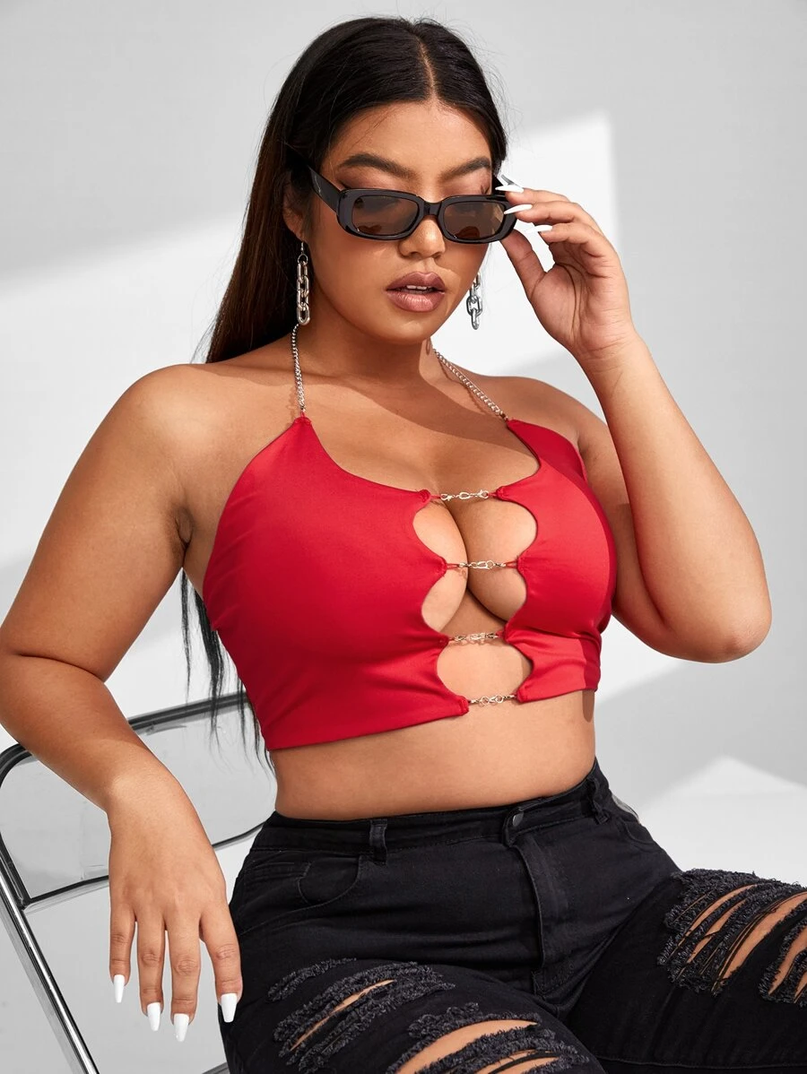SHEIN SXY Top halter corto con abertura con diseño de cadena de espalda abierta - Rojo - Ver 1