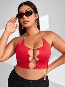 SHEIN SXY Top halter corto con abertura con diseño de cadena de espalda abierta - Rojo - Ver 3