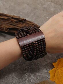 歐式長款木珠手鍊，配有條狀鑲嵌 - 咖啡棕 - 查看 2