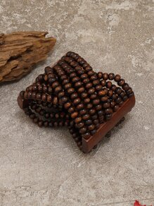 歐式長款木珠手鍊，配有條狀鑲嵌 - 咖啡棕 - 查看 1