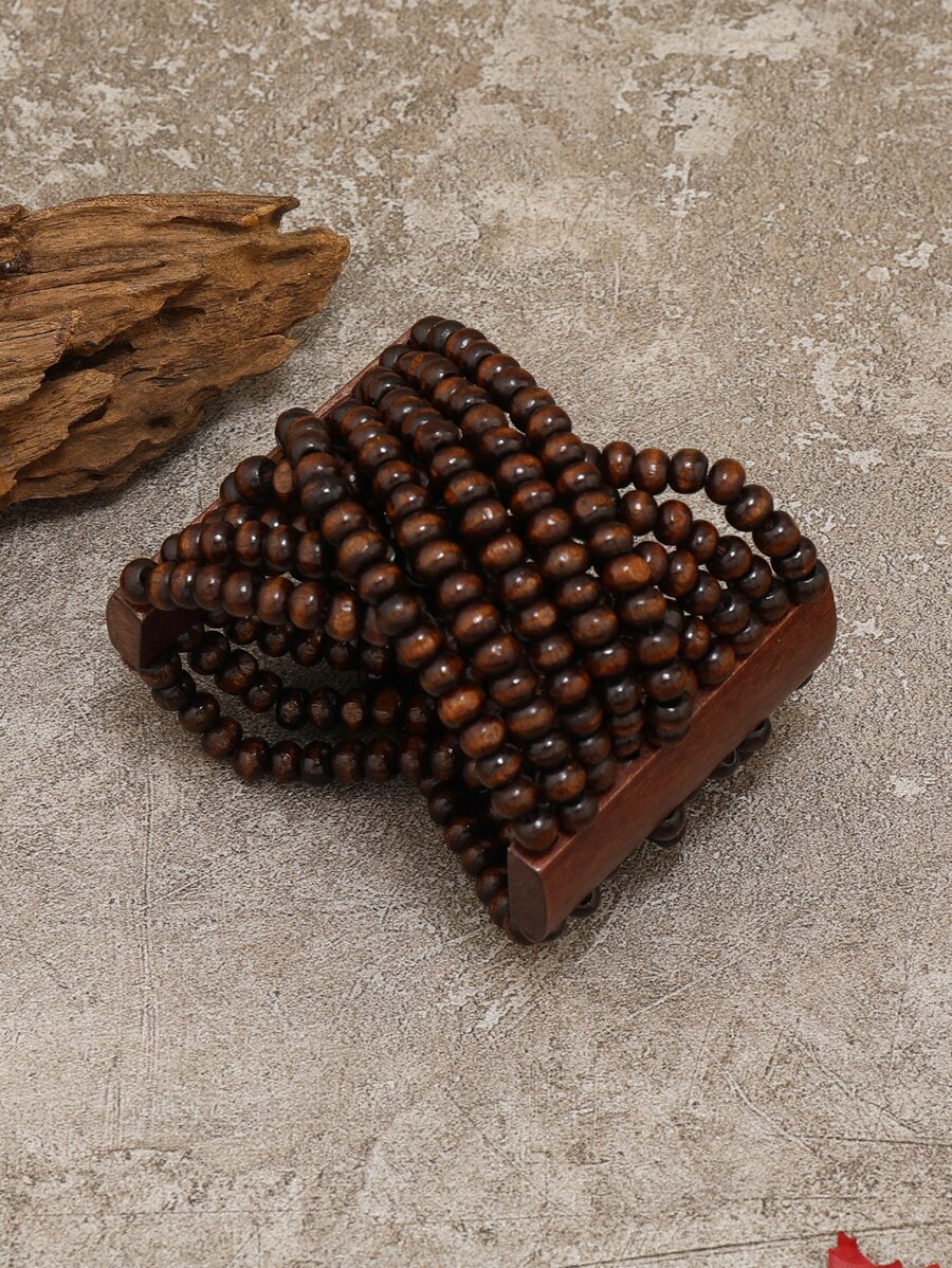 歐式長款木珠手鍊，配有條狀鑲嵌 - 咖啡棕 - 查看 1
