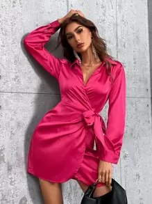 SHEIN Privé 側繫帶圍裹襯衫洋裝 - 玫紅色 - 查看 1