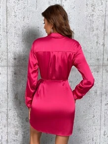 SHEIN Privé 側繫帶圍裹襯衫洋裝 - 玫紅色 - 查看 2