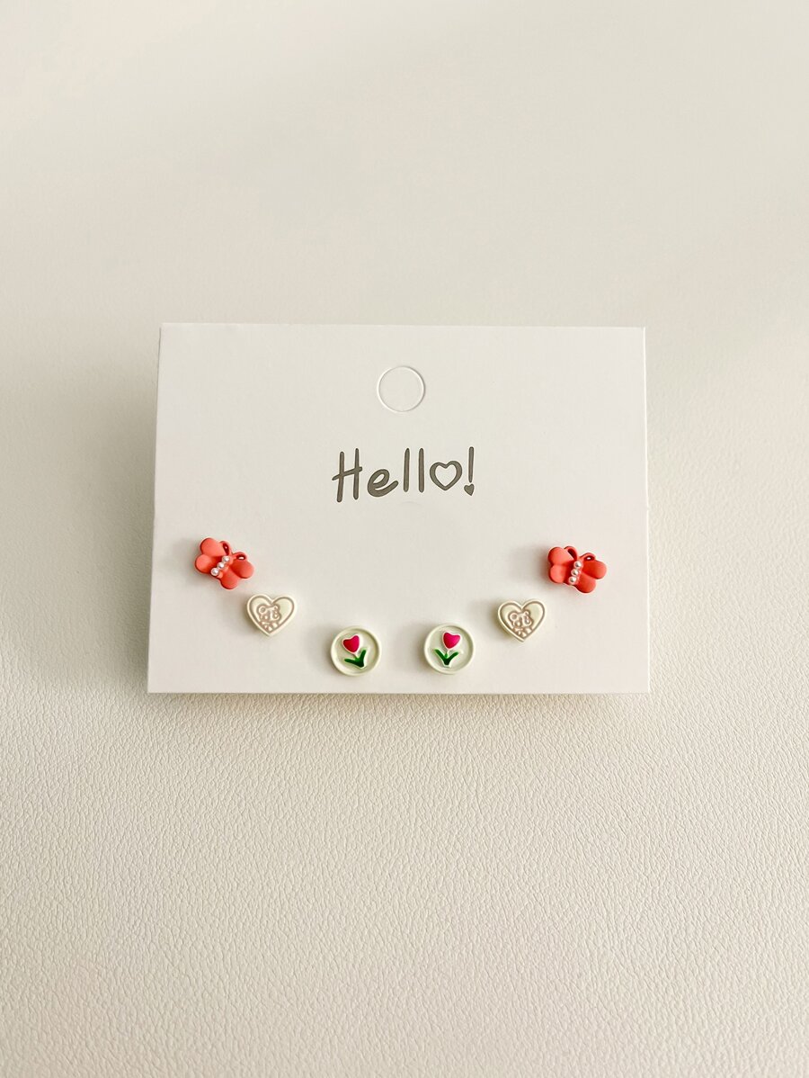 3對蝴蝶和心耳釘 - 彩色 - 查看 1