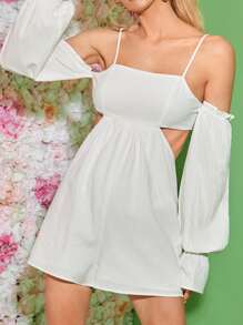 SHEIN Unity Cold Shoulder Cut Out Waist Tie Backless Romper - White - View 5