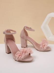 女士白色花卉装饰细带金属扣粗跟凉鞋，简约时尚休闲日常穿着白色凉鞋，春夏 - 粉色 - 查看 3