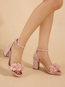 女士白色花卉装饰细带金属扣粗跟凉鞋，简约时尚休闲日常穿着白色凉鞋，春夏 - 粉色 - 查看 4