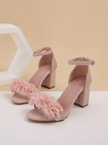 女士白色花卉装饰细带金属扣粗跟凉鞋，简约时尚休闲日常穿着白色凉鞋，春夏 - 粉色 - 查看 8