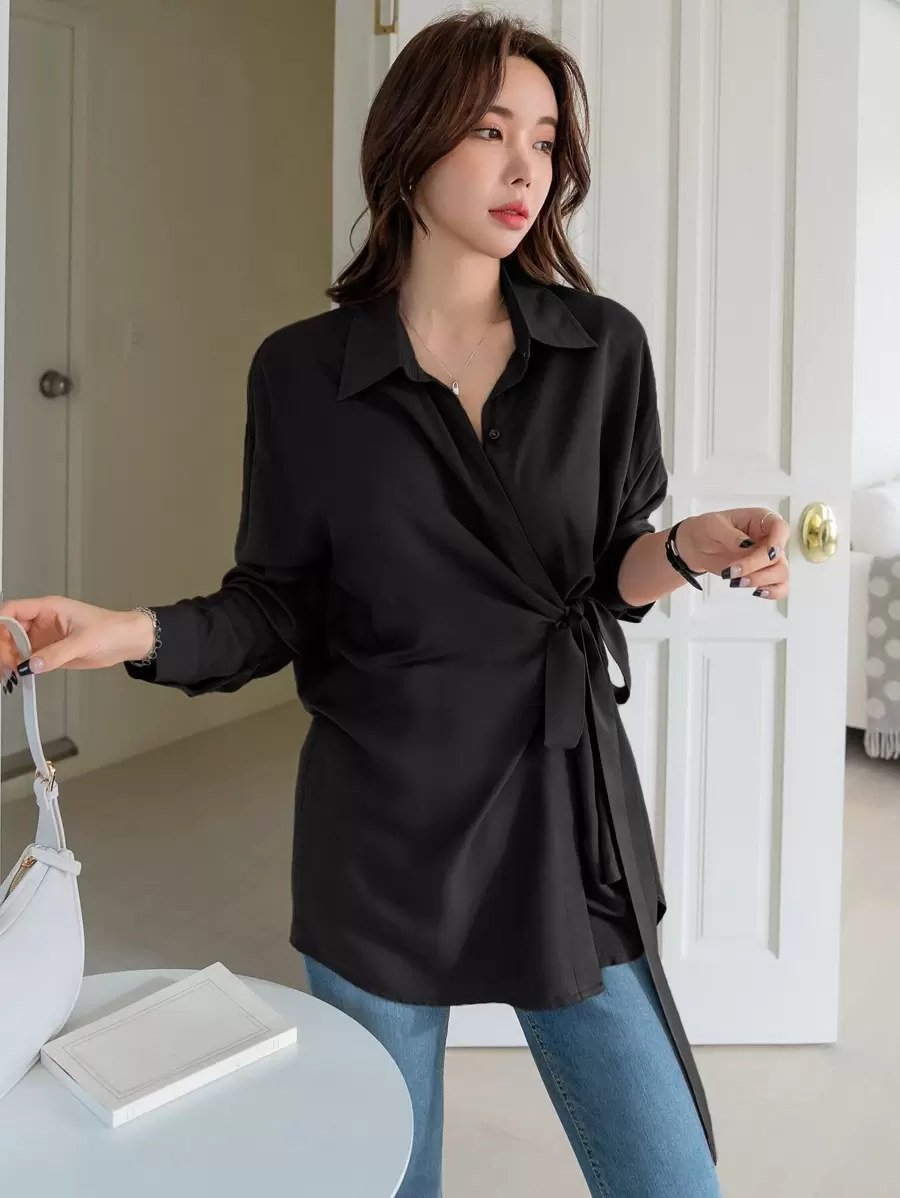 DAZY Tie Side Drop Shoulder Shirt,Fall Clothes Preppy Tops Long Sleeve Top - Black - View 1