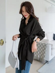 DAZY Tie Side Drop Shoulder Shirt,Fall Clothes Preppy Tops Long Sleeve Top - Black - View 3