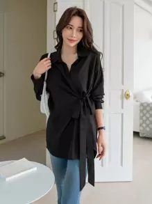 DAZY Tie Side Drop Shoulder Shirt,Fall Clothes Preppy Tops Long Sleeve Top - Black - View 5