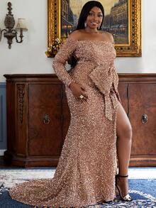seomiscky Plus Đầm dạ hội trễ vai xẻ đùi sequin tay dài thanh lịch cho tiệc cưới, tốt nghiệp, váy dự tiệc tối - Vàng - Xem 6