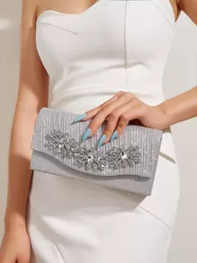 迷你水鑽裝飾鏈條翻蓋方包,完美新娘錢包適合婚禮,舞會和派對活動 - 銀色 - 查看 1