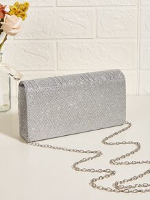 迷你水鑽裝飾鏈條翻蓋方包,完美新娘錢包適合婚禮,舞會和派對活動 - 銀色 - 查看 2