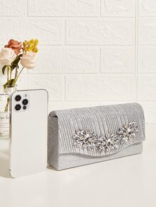 迷你水鑽裝飾鏈條翻蓋方包,完美新娘錢包適合婚禮,舞會和派對活動 - 銀色 - 查看 4