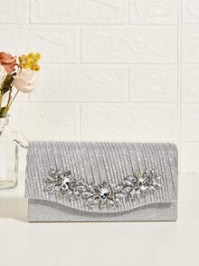 迷你水鑽裝飾鏈條翻蓋方包,完美新娘錢包適合婚禮,舞會和派對活動 - 銀色 - 查看 5