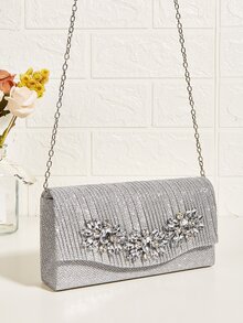 迷你水鑽裝飾鏈條翻蓋方包,完美新娘錢包適合婚禮,舞會和派對活動 - 銀色 - 查看 6