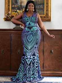 seomiscky Plus Floor Length Sequin Formal Dress - Multicolor - View 1