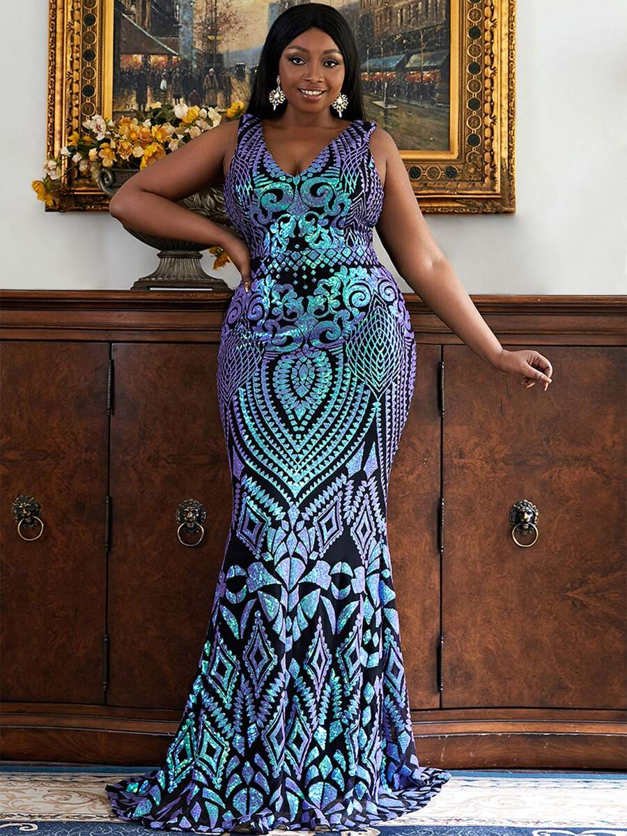 seomiscky Plus Floor Length Sequin Formal Dress - Multicolor - View 1