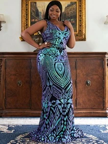 seomiscky Plus Floor Length Sequin Formal Dress - Multicolor - View 4