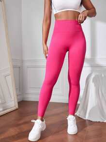 Yoga Basic Solid Wideband Waist Sports Leggings - Hot Pink - View 4