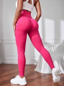 Yoga Basic Solid Wideband Waist Sports Leggings - Hot Pink - View 3