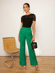 SHEIN Privé Lace Yoke Form Fitted Tee - Black - View 4
