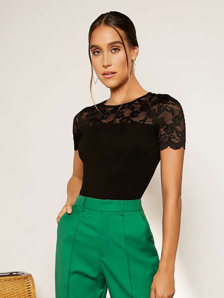 SHEIN Privé Lace Yoke Form Fitted Tee - Black - View 1