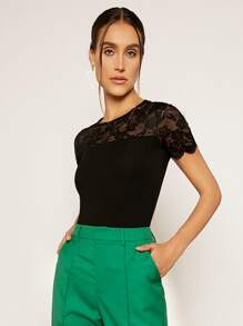 SHEIN Privé Lace Yoke Form Fitted Tee - Black - View 5