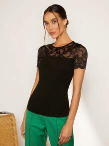 SHEIN Privé Lace Yoke Form Fitted Tee - Black - View 6
