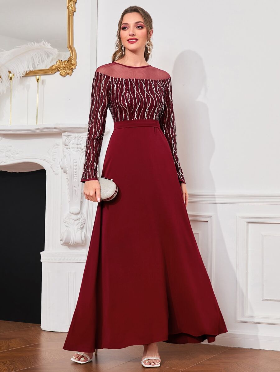 Modelyn Burgundy Red Contrast Mesh Sequin Decor Dress - Burgundy - View 1