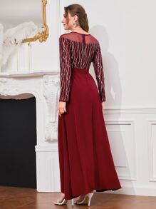 Modelyn Burgundy Red Contrast Mesh Sequin Decor Dress - Burgundy - View 2