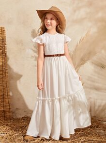SHEIN Girls Solid Contrast Lace Ruffle Trim Dress Without Belt - White - View 1