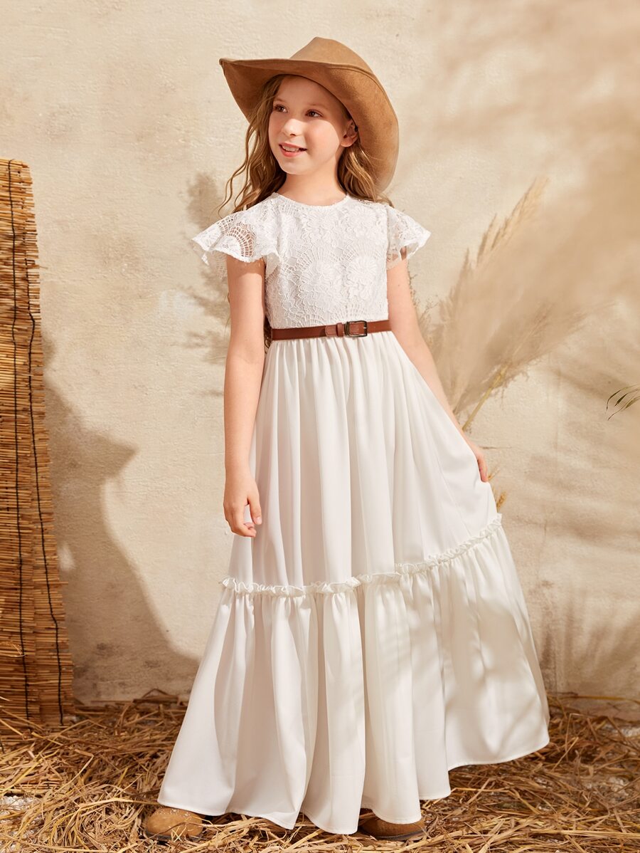 SHEIN Girls Solid Contrast Lace Ruffle Trim Dress Without Belt - White - View 1