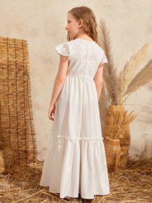 SHEIN Girls Solid Contrast Lace Ruffle Trim Dress Without Belt - White - View 2