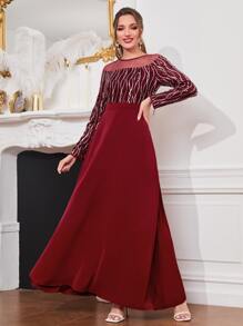 Modelyn Burgundy Red Contrast Mesh Sequin Decor Dress - Burgundy - View 4