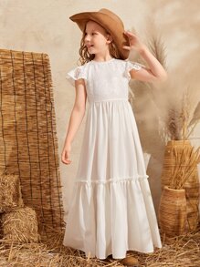 SHEIN Girls Solid Contrast Lace Ruffle Trim Dress Without Belt - White - View 3