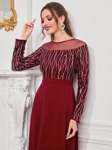 Modelyn Burgundy Red Contrast Mesh Sequin Decor Dress - Burgundy - View 5