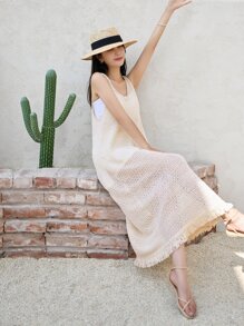 DAZY Solid Fringe Trim Tank Dress Without Liner - Beige - View 1
