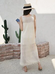 DAZY Solid Fringe Trim Tank Dress Without Liner - Beige - View 2