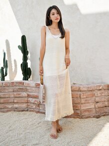 DAZY Solid Fringe Trim Tank Dress Without Liner - Beige - View 3