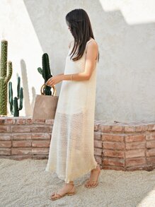 DAZY Solid Fringe Trim Tank Dress Without Liner - Beige - View 4