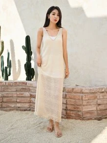 DAZY Solid Fringe Trim Tank Dress Without Liner - Beige - View 5